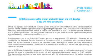 ENGIE wins renewable energy project in Egypt and will develop a 250 MW wind power park