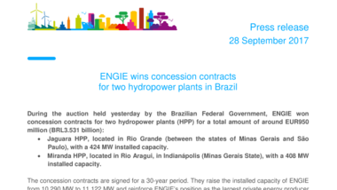 ENGIE wins concession contracts for two hydropower plants in Brazil