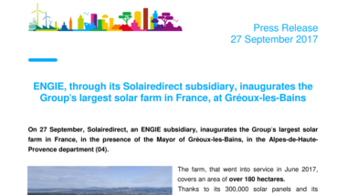 ENGIE, through its Solairedirect subsidiary, inaugurates the Group's largest solar farm in France, at Gréoux-les-Bains