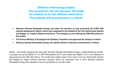 Offshore wind-energy project- The consortium will use Siemens' D8 model for turbines at its two offshore wind farms. The turbines will be produced in Le Havre.