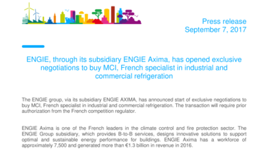 ENGIE, through its subsidiary ENGIE Axima, has opened exclusive negotiations to buy MCI, French specialist in industrial and commercial refrigeration