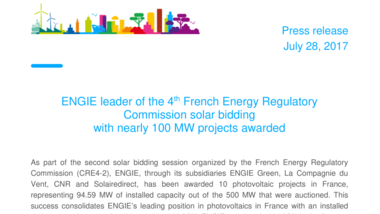 ENGIE leader of the 4th French Energy Regulatory Commission solar bidding with nearly 100 MW projects awarded