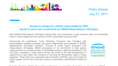 Access to energy for 2 million more people by 2020 thanks to three new investments by ENGIE Rassembleurs d’Energies