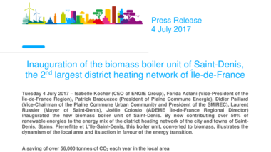 Inauguration of the biomass boiler unit of Saint-Denis, the 2nd largest district heating network of Île-de-France