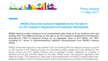 ENGIE enters into exclusive negotiations for the sale of its 70% interest in Exploration & Production International
