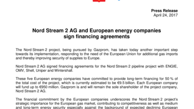Nord Stream 2 AG and European energy companies sign financing agreements