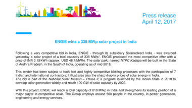 ENGIE wins a 338 MWp solar project in India