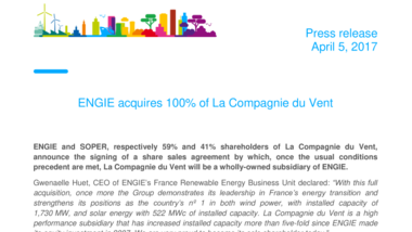 ENGIE acquires 100% of La Compagnie du Vent