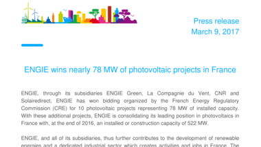 ENGIE wins nearly 78 MW of photovoltaic projects in France