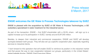 ENGIE welcomes the GE Water & Process Technologies takeover by SUEZ