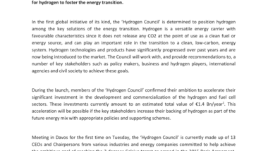 New “Hydrogen Council” launches in Davos : 13 global industry leaders join together in promoting hydrogen to help meet climate goals