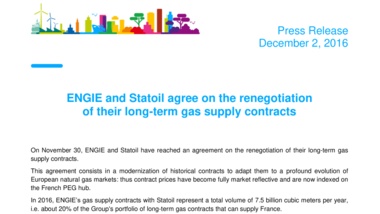 ENGIE and Statoil agree on the renegotiation of their long-term gas supply contracts