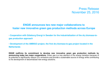 ENGIE announces two new major collaborations to foster new innovative green gas production methods across Europe