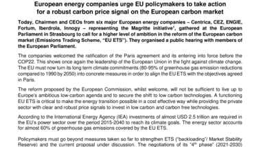 European energy companies urge EU policymakers to take action for a robust carbon price signal on the European carbon market