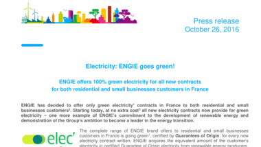 ENGIE offers 100% green electricity for all new contracts for both residential and small businesses customers in France
