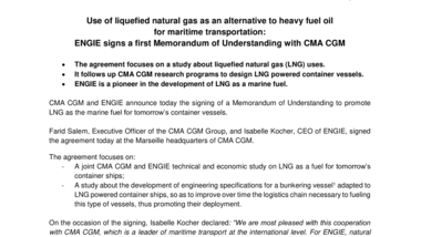 Use of liquefied natural gas as an alternative to heavy fuel oil for maritime transportation : ENGIE signs a first Memorandum of Understanding with CMA CGM