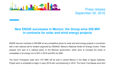 New ENGIE successes in Mexico : the Group wins 209 MW in contracts for solar and wind energy projects