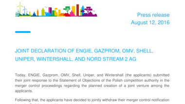 Joint declaration of ENGIE, GAZPROM, OMV, SHELL, UNIPER, WINTERSHALL and NORD STREAM 2 AG