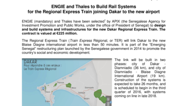 ENGIE and Thales to Build Rail Systems for the Regional Express Train joining Dakar to the new airport