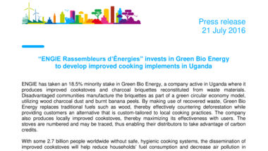 “ENGIE Rassembleurs d’Énergies” invests in Green Bio Energy to develop improved cooking implements in Uganda