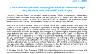 La Poste and ENGIE partner to develop green mobility in France and Europe using alternative fuels VNG-bioVNG and hydrogen
