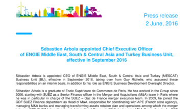 Sébastien Arbola appointed Chief Executive Officer of ENGIE Middle East, South & Central Asia and Turkey Business Unit, effective in September 2016
