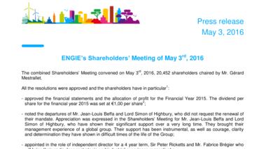 ENGIE’s Shareholders’ Meeting of May 3rd, 2016