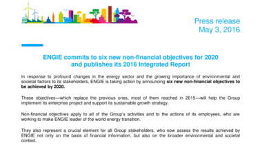 ENGIE commits to six new non-financial objectives for 2020 and publishes its 2016 Integrated Report