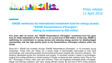 ENGIE reinforces its international investment fund for energy access, ENGIE Rassembleurs d’Energies, raising its endowment to €50 million