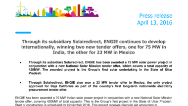 Through its subsidiary Solairedirect, ENGIE continues to develop internationally, winning two new tender offers, one for 75 MW in India, the other for 23 MW in Mexico