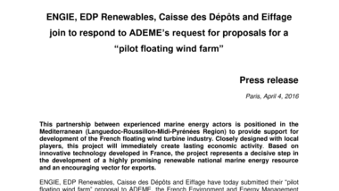 ENGIE, EDP Renewables, Caisse des Dépôts and Eiffage join to respond to ADEME’s request for proposals for a “pilot floating wind farm”