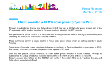 ENGIE awarded a 40 MW solar power project in Peru