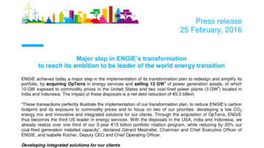 Major step in ENGIE’s transformation to reach its ambition to be leader of the world energy transition