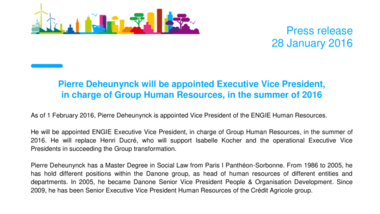 Pierre Deheunynck will be appointed Executive Vice President, in charge of Group Human Resources, in the summer of 2016