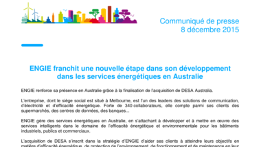 ENGIE franchit une nouvelle étape dans son développement dans les services énergétiques en Australie