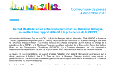 Gérard Mestrallet et les entreprises participant au Business Dialogue soumettent leur rapport définitif à la présidence de la COP21