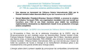 Lancement de l’Initiative Terrawatt pour atteindre l’objectif de l’Alliance Solaire Internationale d’1 TW de capacités solaires additionnelles d’ici 2030