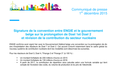 Signature de la convention entre ENGIE et le gouvernement belge sur la prolongation de Doel 1et Doel 2 et révision de la contribution du secteur nucléaire