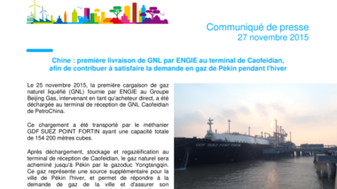 Chine : première livraison de GNL par ENGIE au terminal de Caofeidian, afin de contribuer à satisfaire la demande en gaz de Pékin pendant l'hiver
