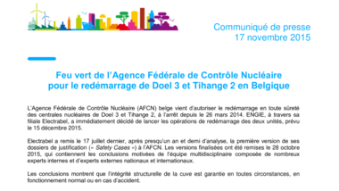 Feu vert de l’Agence Fédérale de Contrôle Nucléaire pour le redémarrage de Doel 3 et Tihange 2 en Belgique