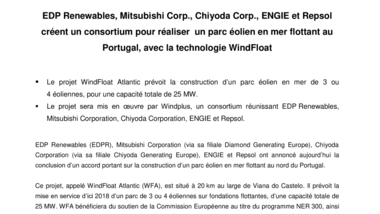 EDP Renewables, Mitsubishi Corp., Chiyoda Corp., ENGIE et Repsol créent un consortium pour réaliser un parc éolien en mer flottant au Portugal, avec la technologie WindFloat