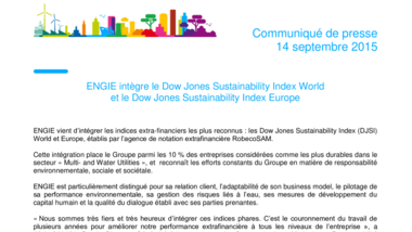 ENGIE intègre le Dow Jones Sustainability Index World et le Dow Jones Sustainability Index Europe