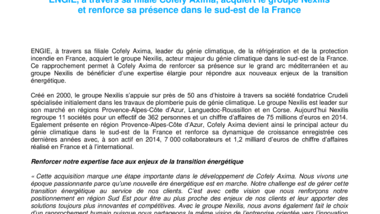 ENGIE, à travers sa filiale Cofely Axima, acquiert le groupe Nexilis et renforce sa présence dans le sud-est de la France