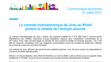 La centrale hydroélectrique de Jirau au Brésil produit la totalité de l'énergie assurée