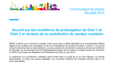 Accord sur les conditions de prolongation de Doel 1 et Doel 2 et révision de la contribution du secteur nucléaire
