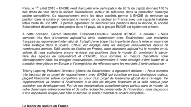 ENGIE devient le leader du solaire en France avec l’acquisition de 95% de la société Solairedirect