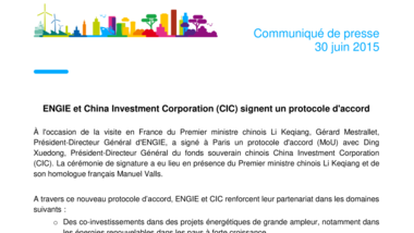 ENGIE et China Investment Corporation (CIC) signent un protocole d'accord