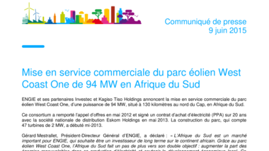 Mise en service commerciale du parc éolien West Coast One de 94 MW en Afrique du Sud