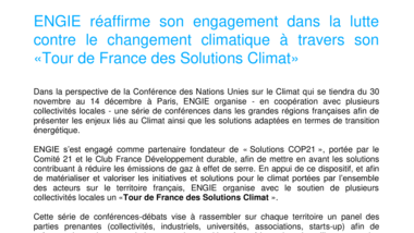 ENGIE réaffirme son engagement dans la lutte contre le changement climatique à travers son «Tour de France des Solutions Climat»