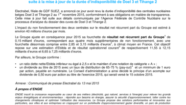 Le Groupe ajuste sa fourchette de résultat net récurrent part du Groupe 2015 suite à la mise à jour de la durée d’indisponibilité de Doel 3 et Tihange 2 - 2.